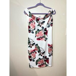 VENUS White Floral Midi Dress with Pink Roses